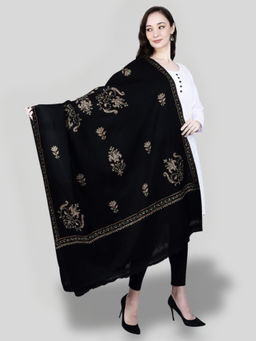 SWI STYLISH - Women's Black Embroidered Pure Wool Shawl