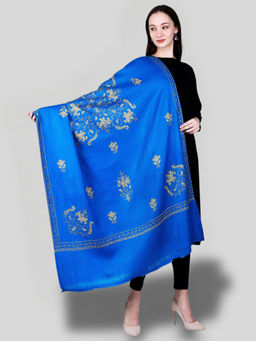 SWI STYLISH - Women's Royal Blue Hand Embroidered Pure Wool Shawl
