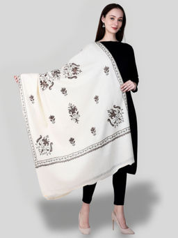 SWI STYLISH - Women's White Hand Embroidered Pure Wool Shawl