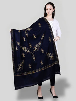 SWI STYLISH - Women's Navy Blue Hand Embroidered Pure Wool Shawl