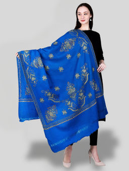 SWI STYLISH - Women's Royal Blue Hand Embroidered Pure Wool Shawl