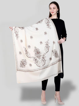 SWI STYLISH - Women's White Hand Embroidered Pure Wool Shawl