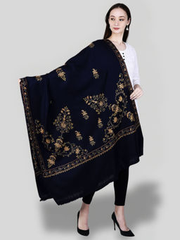 SWI STYLISH - Women's Navy Blue Hand Embroidered Pure Wool Shawl