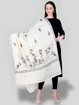 SWI STYLISH - Women's White Hand Embroidered Pure Wool Shawl
