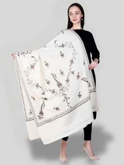 SWI STYLISH - Women's White Hand Embroidered Pure Wool Shawl