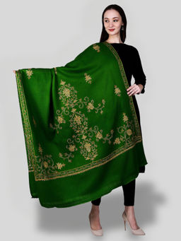 SWI STYLISH - Women's Green Hand Embroidered Pure Wool Shawl