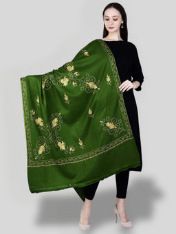 SWI STYLISH - Women's Green Hand Embroidered Pure Wool Shawl