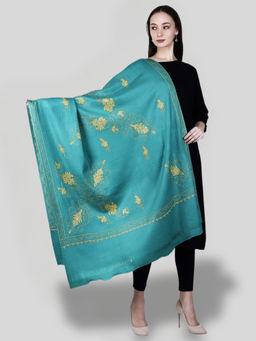 SWI STYLISH - Women's Sea Green Hand Embroidered Pure Wool Shawl