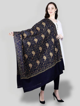 SWI STYLISH - Women's Navy Blue Hand Embroidered Pure Wool Shawl