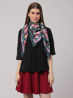 Vastranand - Vibrant Dark Green Floral Silk Scarf