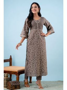 Kohsh - Brown Neck Design Printed Cotton Kurta (Set of 2)