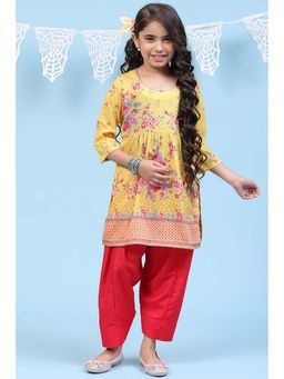 Biba - Yellow Art Silk Straight Printed Kurta with Salwar