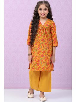 Biba - Yellow Art Silk Straight Printed Kurta with Pant