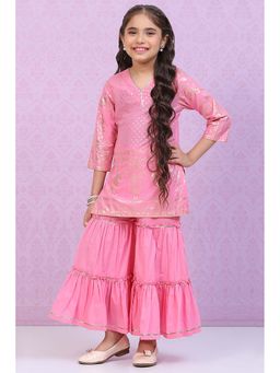 Biba - Pink Cotton A-Line Printed Kurta with Sharara