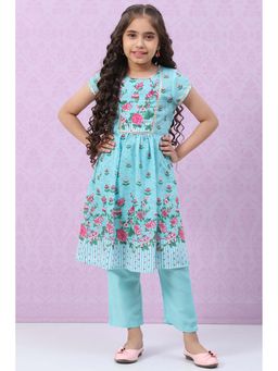 Biba - Turquoise Art Silk Printed Anarkali Kurta with Pant
