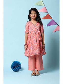 Biba - Peach Cotton Printed Angarkha Kurta with Pant