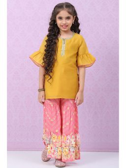 Biba - Yellow Art Silk Straight Kurta with Sharara