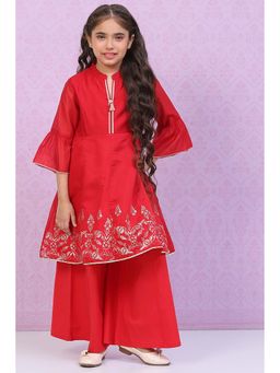 Biba - Red Art Silk Kalidar Printed Kurta with Palazzo