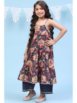 Biba - Navy Blue Cotton Printed Anarkali Kurta with Pant