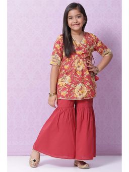 Biba - Red Cotton Printed Angarkha Kurta with Sharara