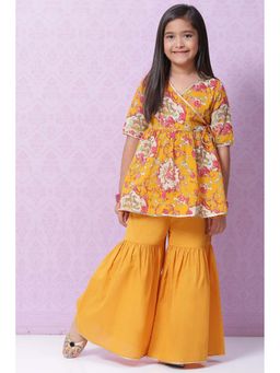 Biba - Yellow Cotton Printed Angarkha Kurta with Sharara