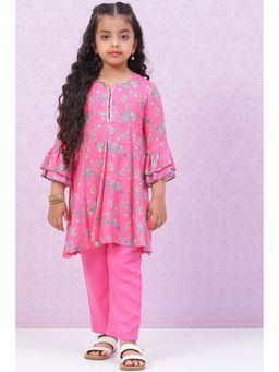 Biba - Pink Rayon Kalidar Printed Kurta with Pant
