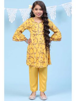 Biba - Yellow Rayon Kalidar Printed Kurta with Pant