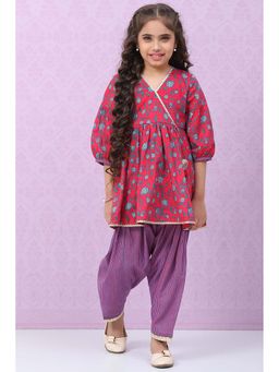 Biba - Pink Cotton Printed Angarkha Kurta with Salwar