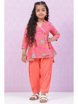 Biba - Orange Cotton Printed Angarkha Kurta with Salwar