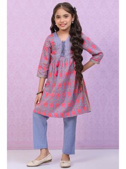 Biba - Grey Cotton Straight Printed Kurta with Pant