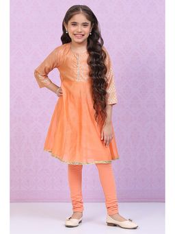 Biba - Orange Foil Printed Anarkali Kurta with Churidar