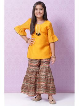 Biba - Yellow Art Silk Straight Printed Kurta with Sharara