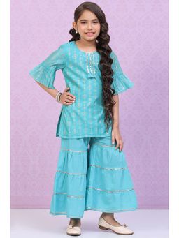 Biba - Marine Blue Art Silk Straight Kurta with Sharara