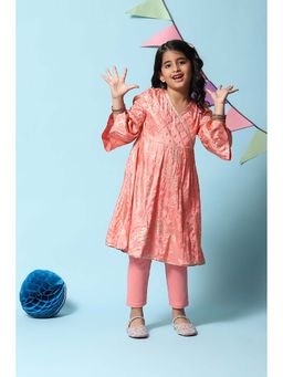 Biba - Peach Viscose Flared Anarkali Kurta with Leggings