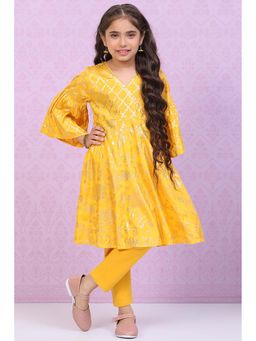 Biba - Yellow Viscose Flared Anarkali Kurta with Leggings