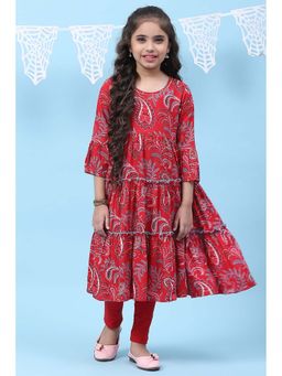 Biba - Red Rayon Tiered Printed Anarkali Kurta with Churidar