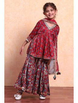 Biba - Cherry Red Viscose Blend Kurta with Sharara and Dupatta (Set of 3)