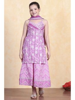 Biba - Pink Cotton Floral Strappy Kurta with Sharara and Dupatta (Set of 3)