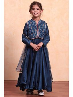 Biba - Navy Blue Polyester Anarkali Kurta with Churidar Jacket and Dupatta (Set of 4)