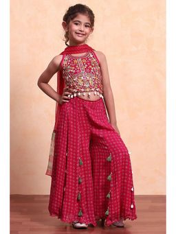 Biba - Red Viscose Blend Blouse with Palazzo and Dupatta (Set of 3)