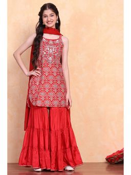 Biba - Red Printed Strappy Kurta with Sharara and Dupatta (Set of 3)