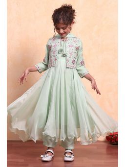 Biba - Green Polyester Anarkali Kurta Jacket with Pant and Dupatta (Set of 4)