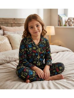SEPHANI - Girls Black Printed Shirt and Pyjama