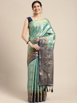 Mimosa - Women's Kanjivaram Art Silk Teal Saree with Unstitched Blouse