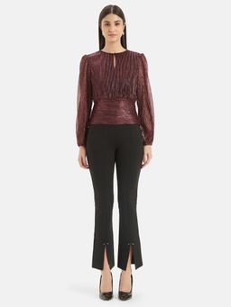 Kazo - Pleated Keyhole Neck Top with Smocked Waist