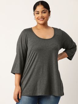 theRebelinme - Plus Size Womens Charcoal Grey Solid Color Knitted Top with Tie Ups Detail