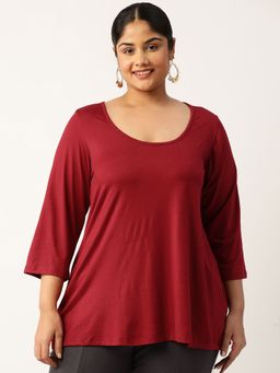 theRebelinme - Plus Size Womens Maroon Solid Color Knitted Top with Tie Ups Detail