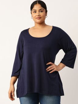 theRebelinme - Plus Size Womens Navy Blue Solid Color Knitted Top with Tie Ups Detail