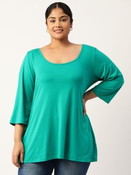 theRebelinme - Plus Size Womens Turquoise Solid Color Knitted Top with Tie Ups Detail