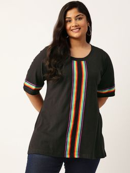 theRebelinme - Plus Size Womens Black Solid Color with Striped Detail Cotton T Shirt